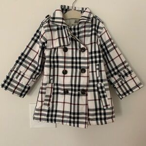Burberry Kids Plaid Pea Coat - Black, White, and Red
